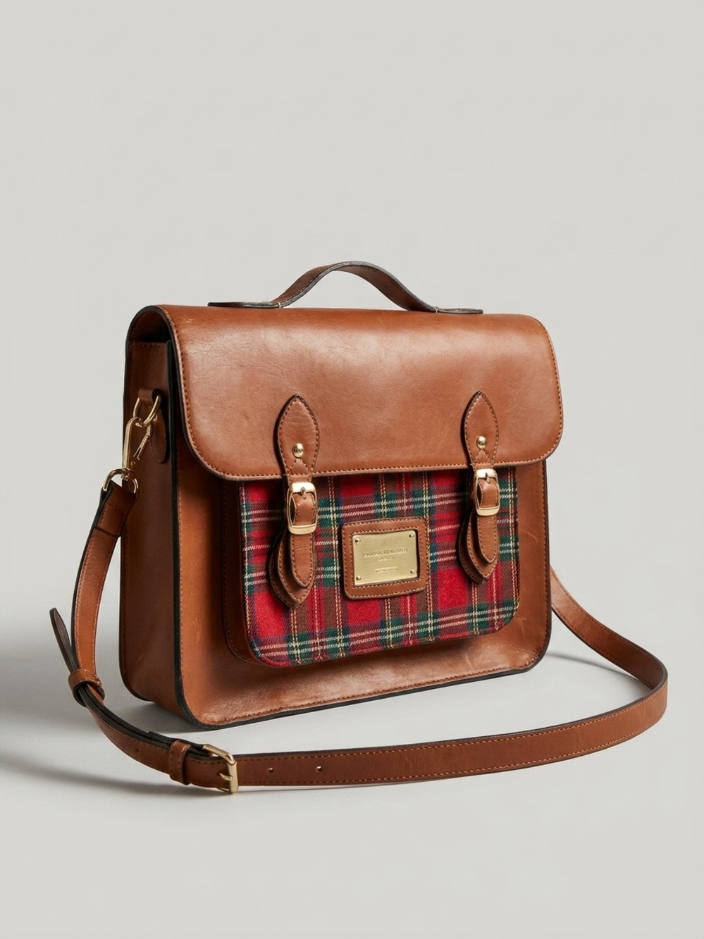 Tan Leather Satchel with Red Tartan Front Pocket